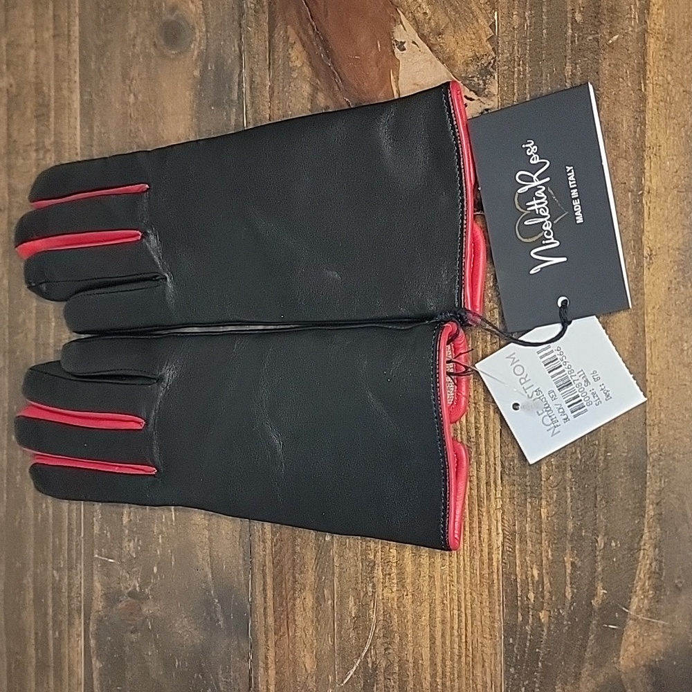 Womens 100% lambskin gloves lined in pure Cashmere, Black w/ Red, Size Small NWT - Picture 2 of 4